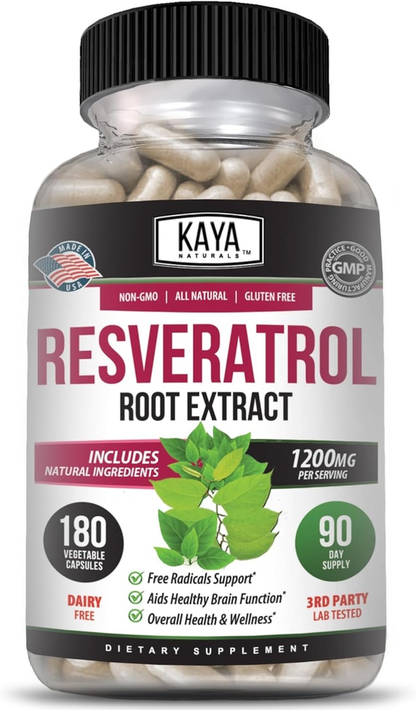 Kaya Naturals - Resveratrol Capsules - Anti Aging Supplement - Antioxidants with Brain Support - Maximum Benefits - 180 Veggies Capsules