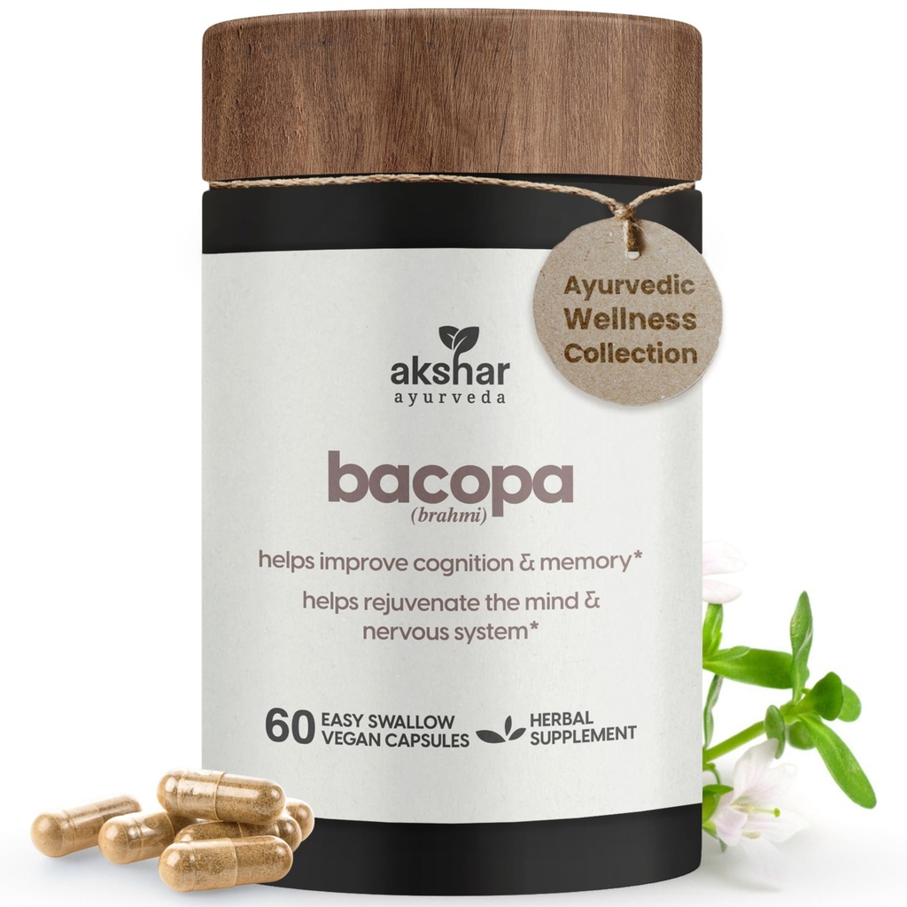 AKSHAR Ayurveda - Bacopa 500mg Brahmi 补充品,Rejuvenate System, 支持成人认知功能的 Bacopa Pills, Vegencruty Free Bacopa Monnieri (60 Counter)