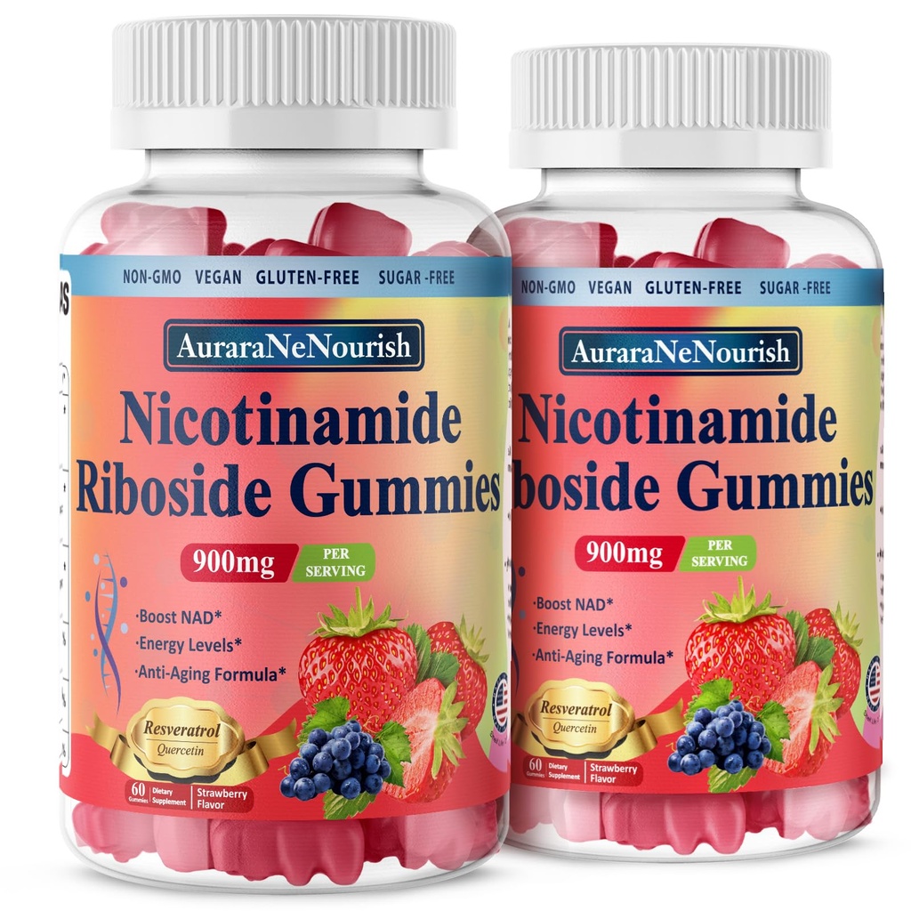 2 Pack NAD Resveratrol 补充品,无糖900mg Gummys 配有 Quercetin, Collagen, 维生素支持抗衰老,细胞再生,能量靴,女性男性皮肤改善