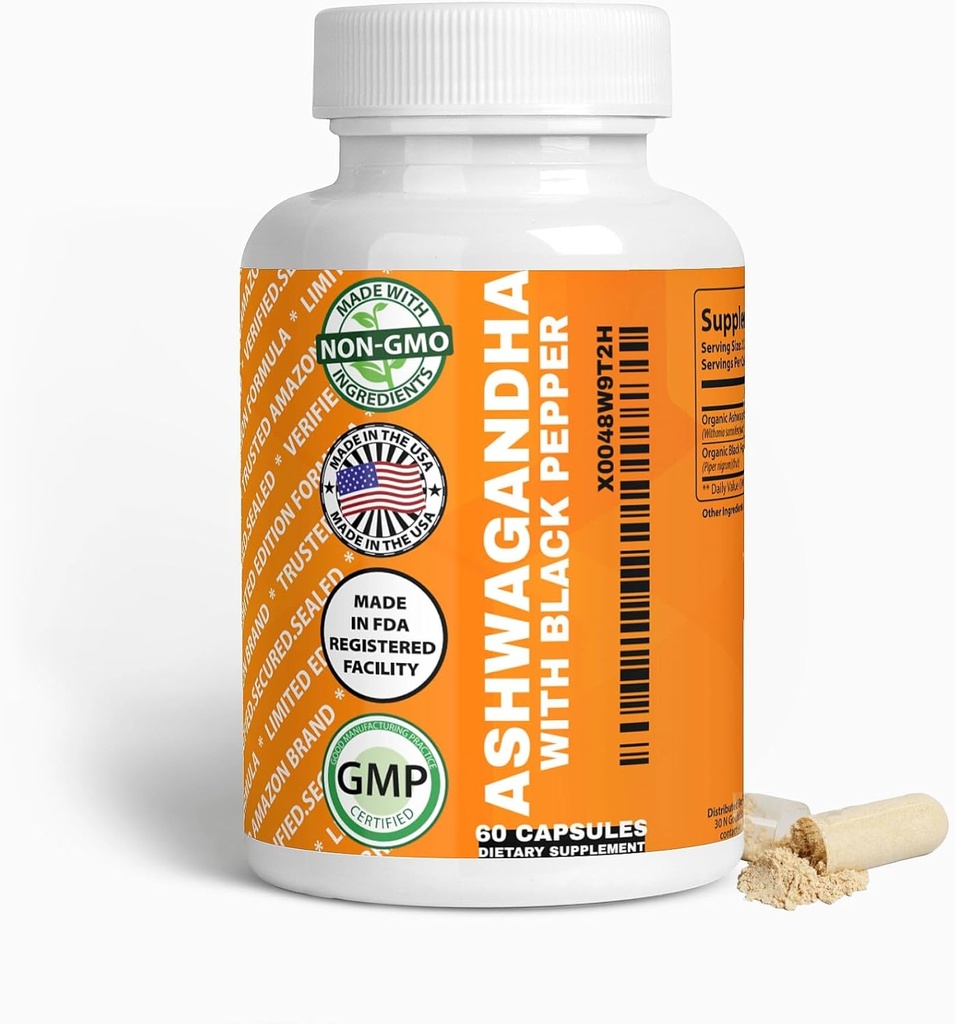 Ashwagandha & Black Pepper Capsules, 1300mg & 10mg, 60 Counter, Boost 豁免和自然混合