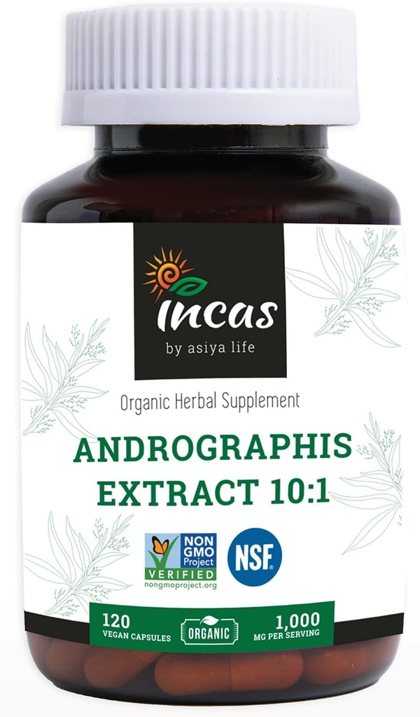 Andrographis Capsules Max Androogriides - 1 000mg 服务大小(120 Capsules) - 为免疫系统健康和非转基因生物临床研究,由NSF验证