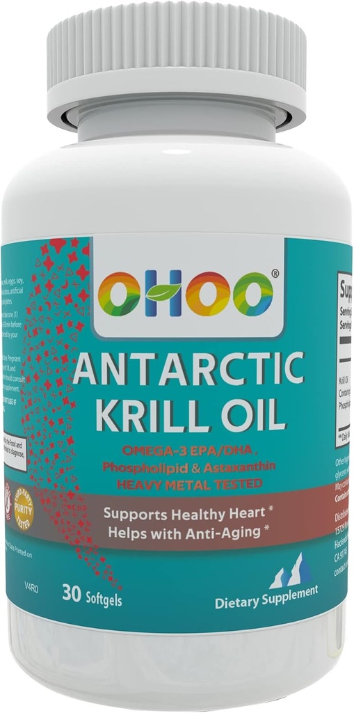 OHOO 南极磷脂油 500mg Omega-3 EPA & DHA 补充剂、磷脂剂、抗氧化剂Astaxanthin、支持健康心脏和抗衰老补充剂,无鱼味余酸,30软胶