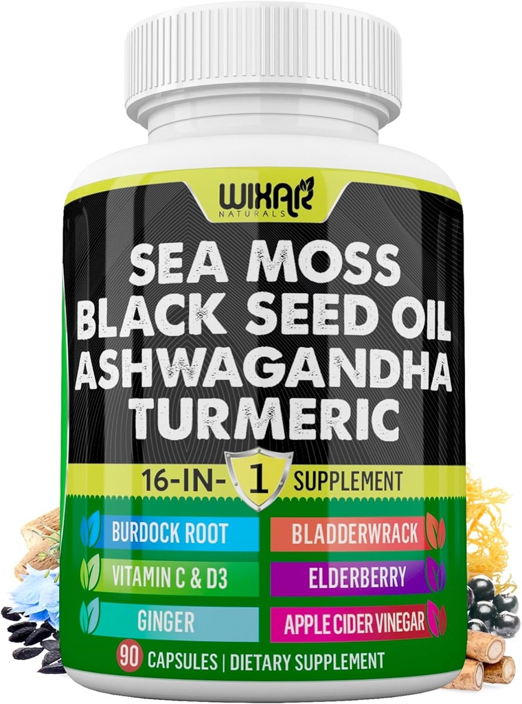 Wixar Sea Moss 3000mg 黑种子油 2000mg Ashwagandha 1000mg Turmeric 1000mg Bladderwrack 1000mg Burdock 1000mg & Vitamin C & D3 配有 长老莓 Dandelion 黄码头 氯柱体 ACV - 90 Capsules
