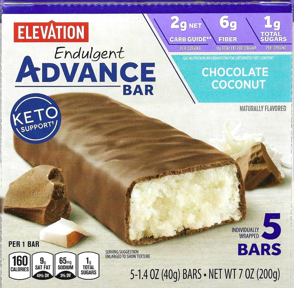Millville Elevation Advance 巧克力椰子棒,卡布意识,5g蛋白,配有食谱. 1盒5,1.4oz个人包装条,包装包括2个食谱,5条条.