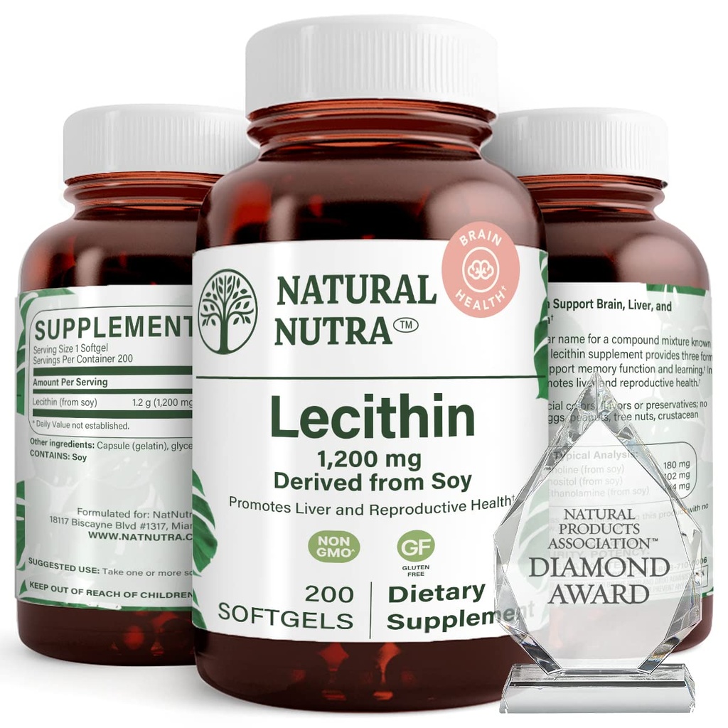 Natural Nutra Soy Lecithin 1200 mg 饮食补充剂 - 大脑功能,肝脏健康,改善蛋白质健康,促动补充剂 - 糖无脂,BPA无脂,可回收玻璃瓶中的200个软胶