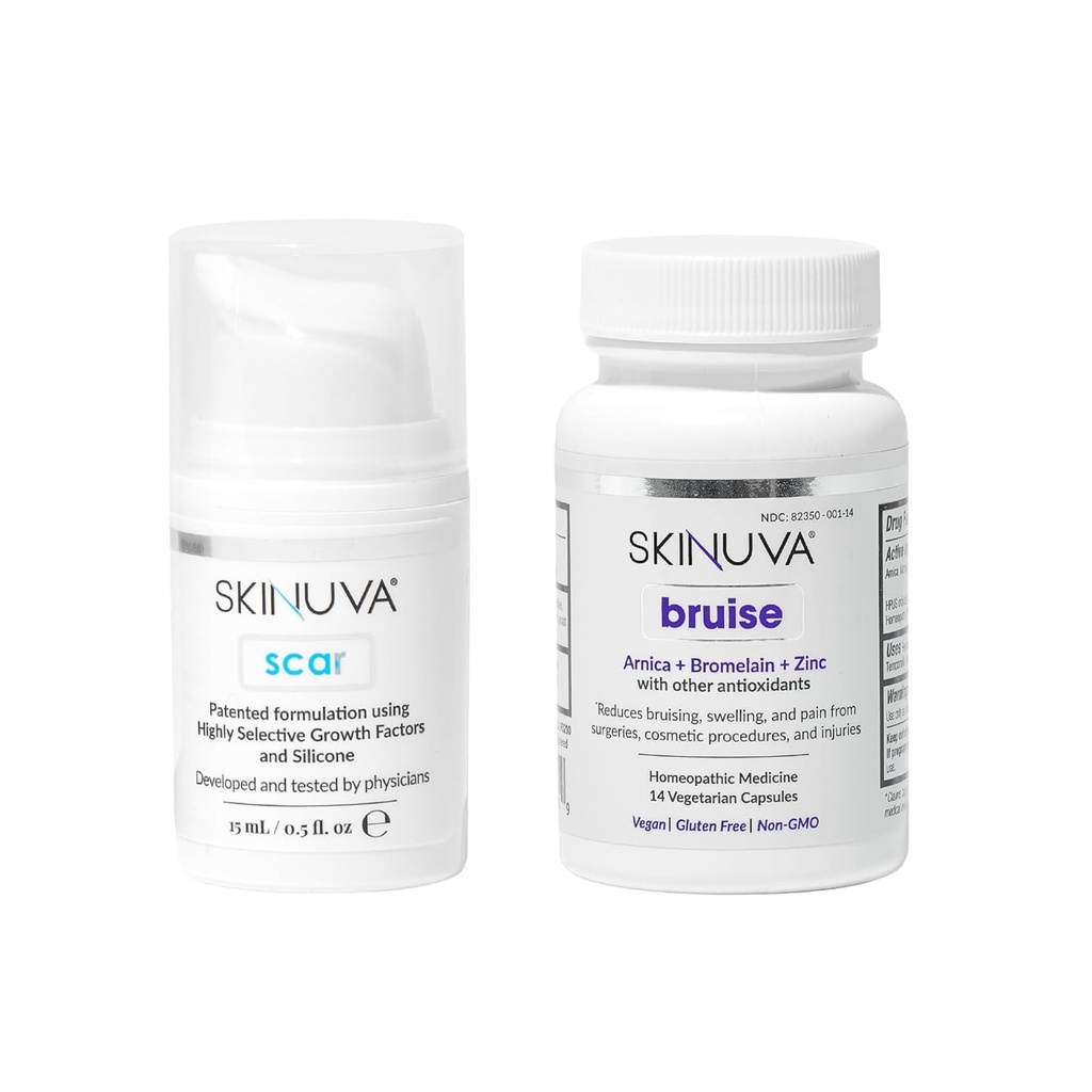 Skinuva® Scar(0.5 oz) & Bruise(14个胶囊) - 高级硅酮凝固剂与生长因子和Homopathic Bruise 补救措施 与Arnica, Bromelain & Zinc 设计