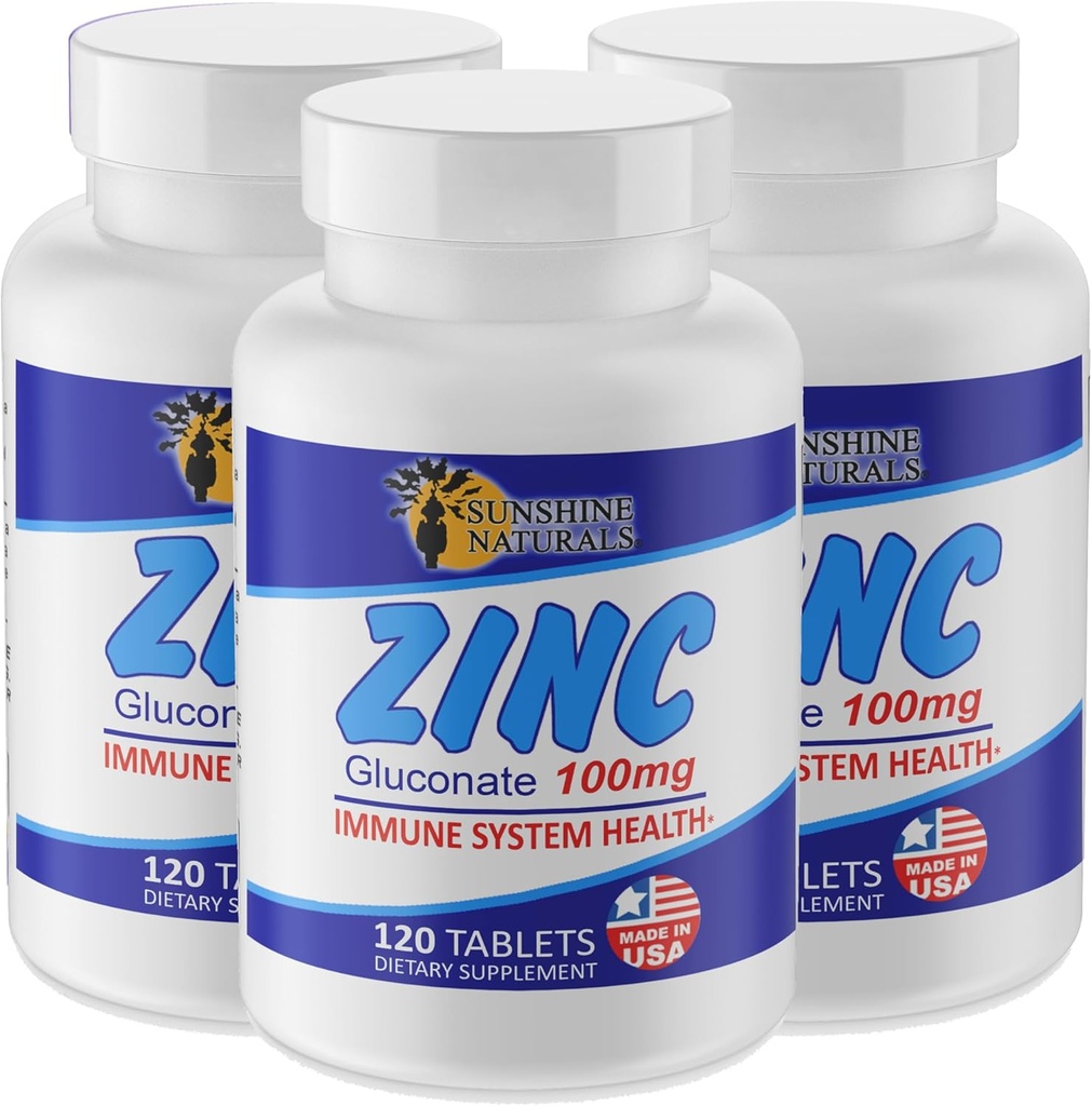 Sunshine Naturals Zinc Gluconate Mineral Supploration – 支持免疫系统,促进伤口愈合,改善皮肤健康,提供抗氧化剂防御 – 100mg,120平板,高概率