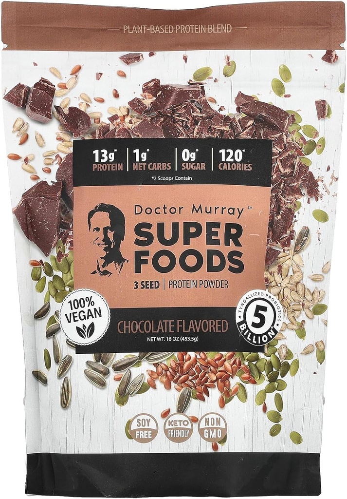 Murray博士的超级食品,3种子蛋白粉,南瓜+Flax+葵花,巧克力,16 oz(453.5克)