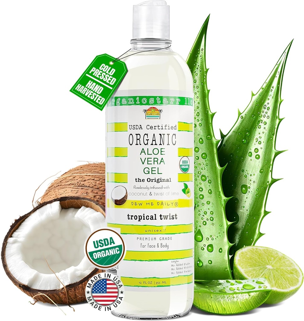 USDA 认证有机Aloe Vera Gel 12 oz - 100%纯度,冷压,手工收获,与椰子,Lime & Verbena 基本油,无化学 - 皮肤和头发护理,美国制造