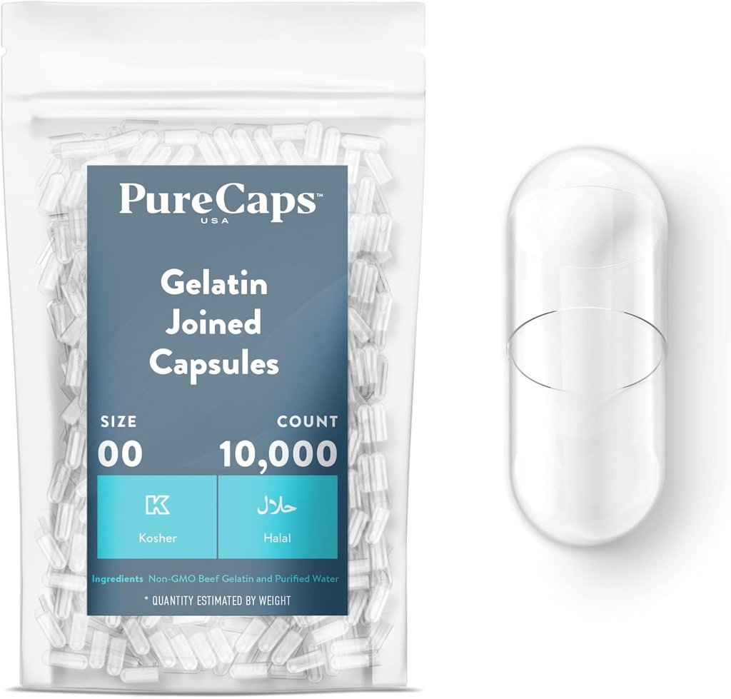 纯Caps USA - 空 Gelatin Capsules Size 00| 10,000 加入 Pills| Clear| 非GMO认证 SLS, Gluten, 防腐自由