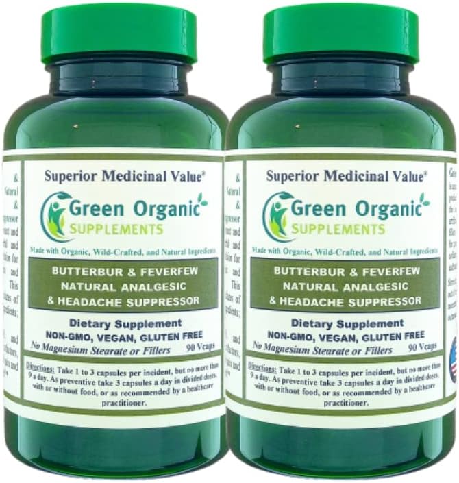 绿色有机补充剂Butterbur、Feverfew、Analgesic、止痛剂和头痛抑制剂,90VCaps、高吸附性、非GMO、无胶囊(2包)