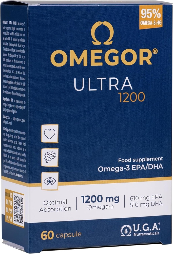 OMEGOR Omega 3 鱼油 1200mg Ultra - 610mg EPA 和 510 DHA Omega3 IFOS 认证 - 生物利用率高,无余酸(60个盖)