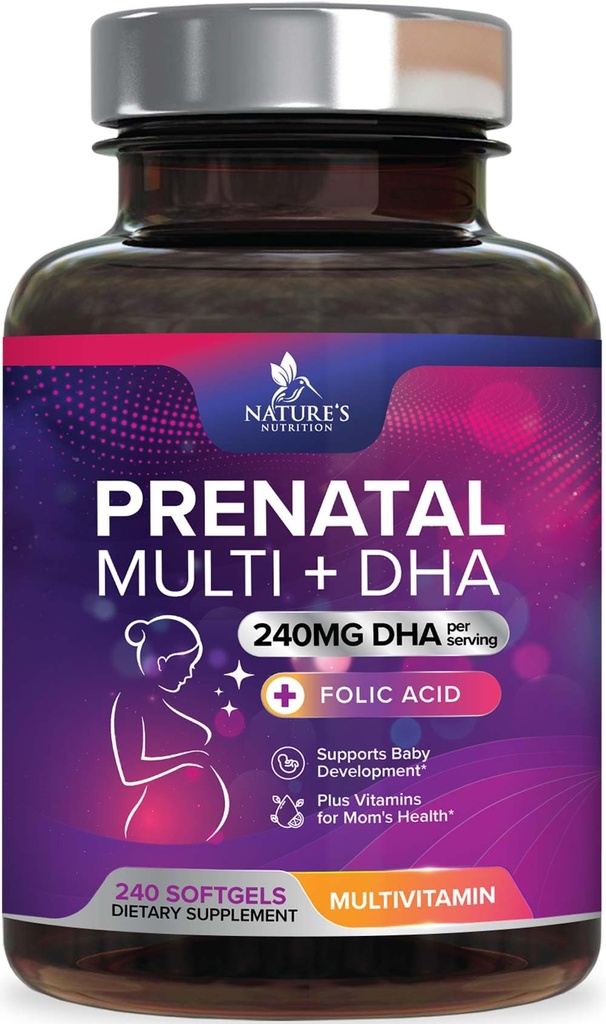产前维生素含Folic Acid & DHA,胎儿脑发育支持含Folate & Omega 3's, 产前多维生素女性,维生素A, C, D, B6, B12 & Iron, 妊娠补充剂 - 240软胶