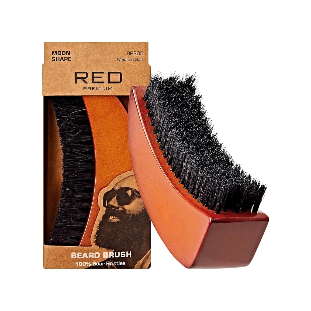 由Kiss Beard Brush 制作的RED 配以100%的天然野猪Bristles供男性使用、Premium Wooden Brush 、Beards Mustaches Groming Showing Comb、Tame和柔软面发(MOON SHAPE)
