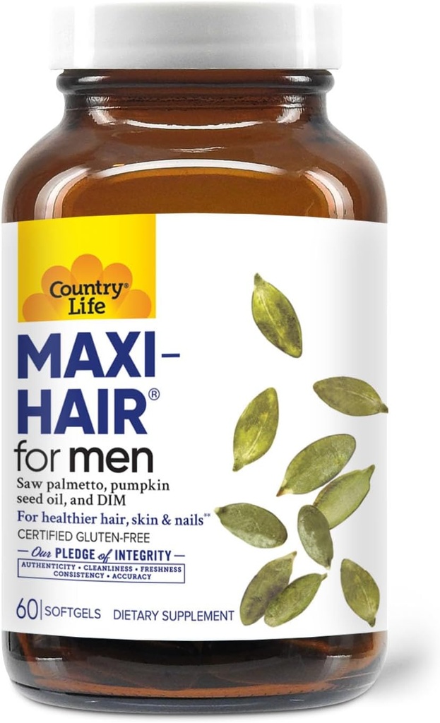 乡村生活 Maxi-Hair for Men - 2000mcg Biotin, Saw Palmetto, 南瓜种子油, DIM, 钾, 镁, 钙和锌混合剂 - 支持健康型头发, Scalp, Skin & Nails, 60 Vegan Capsules