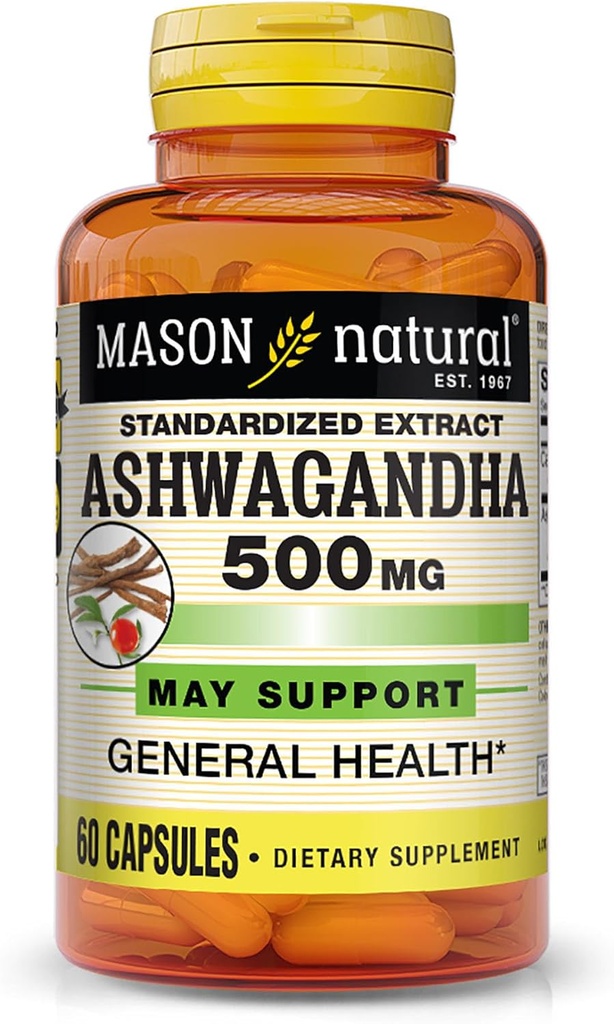 Mason Natural Ashwagandha 500毫克,压力和能源支助的适应剂,草药补充品,60天供应