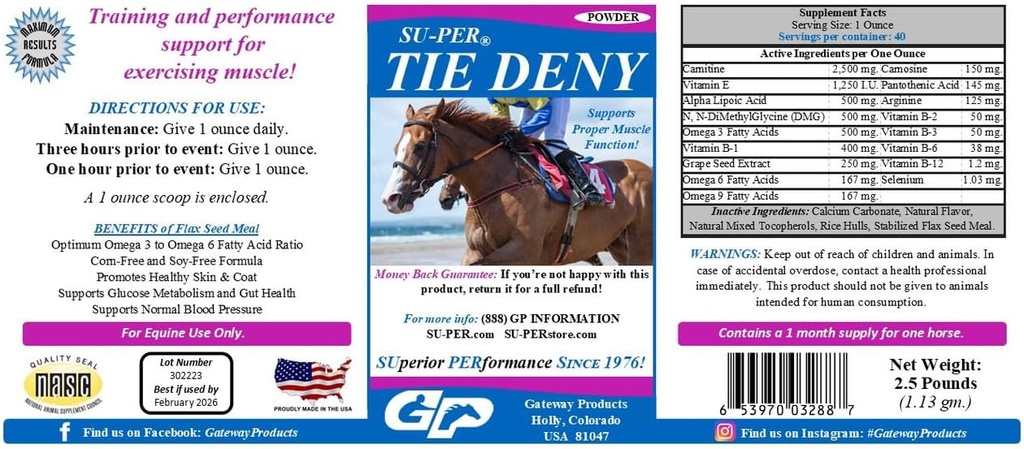 SU-PER Tie Deny Energy Horse Supplement - 在性能马中支持合适的肌肉功能 - 正常环流和氧气吸附,能源生产,脂肪延迟 - 2.5英镑(2包)