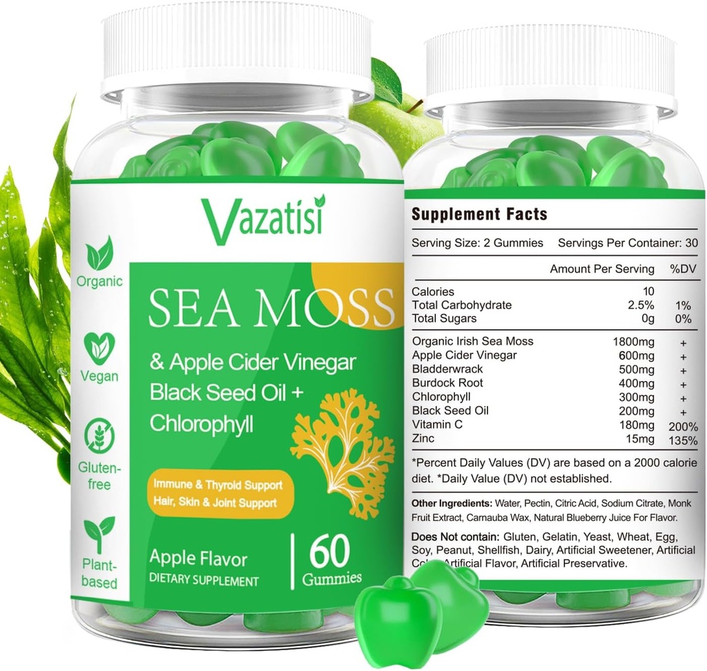 2 Pack Irish Organization Sea Moss Gummys with Black Seed Oil, Chlorophyll - 甲状腺素,Mood, 能量与免疫支持 - 女性与男性,成人与孩子 - 120 Vegan Gummys