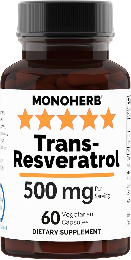 转录Reveratrol 500 mg - 60 Veg Capsules | 250 mg / Capsule - 服务大小 2 capsules:500 mg - 30