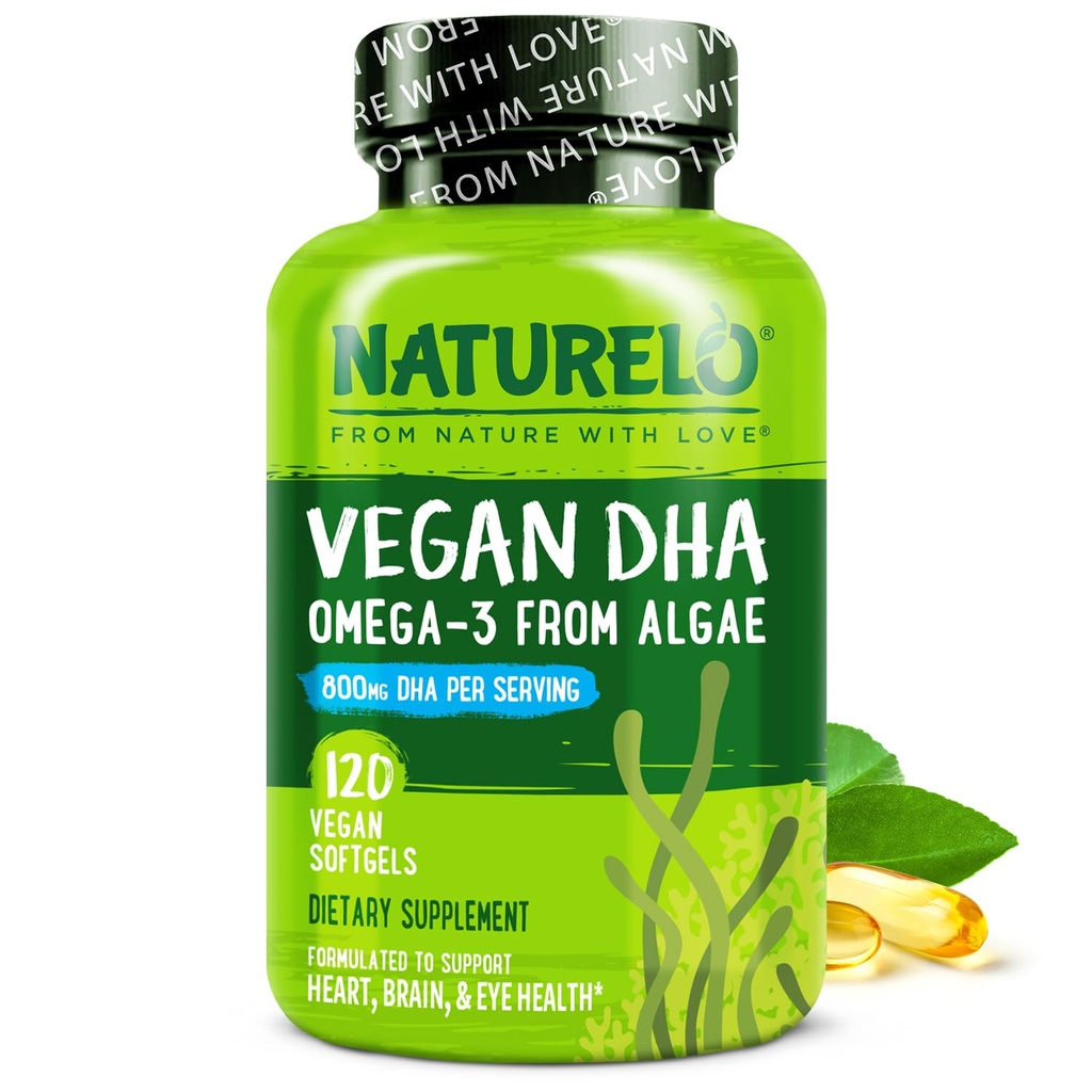 NATURELO VAGAN DHA - Omega 3 来自藻类的油 - 大脑,心脏,联合,眼部健康的补充 - 为男女儿童提供基本脂肪酸 - 补充产前维生素 - 120软胶