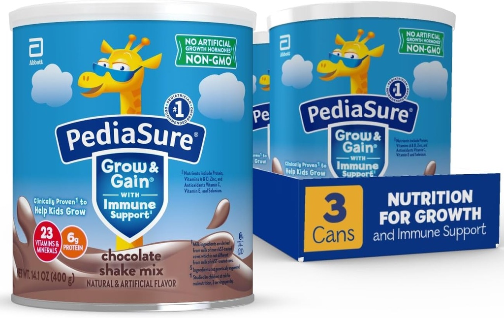 PediaSure Grow & Gain with Imune Support Shake Mix Powder, 23 维生素和矿物, 6g蛋白, Non-GMO, Gluten-Free, 巧克力, 14.1 oz Can, 3-24个服务包