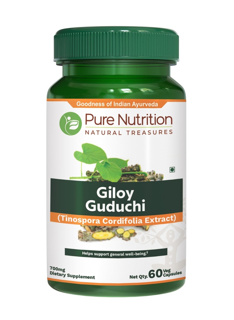 纯努特里顿·吉洛伊·古杜奇(Pure Nutriton Giloy Guduchi)提取700mg Capsule. (等于5200mg Giloy Powder). (原始内容存档于2019-09-26). Non GMO QQ One Daily QQ 60 Days Supply.
