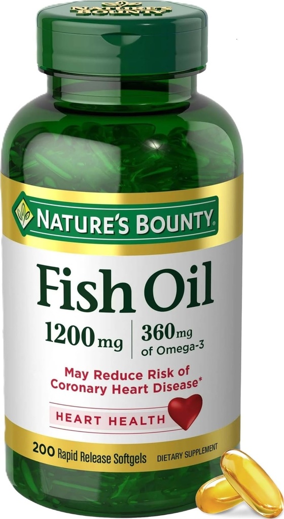 自然丰盛的鱼油 Omega 3 补充品 - 支持心脏健康, 1200 Mg Fish Oil, Omega-3, 200 Softgels (Pack of 1)