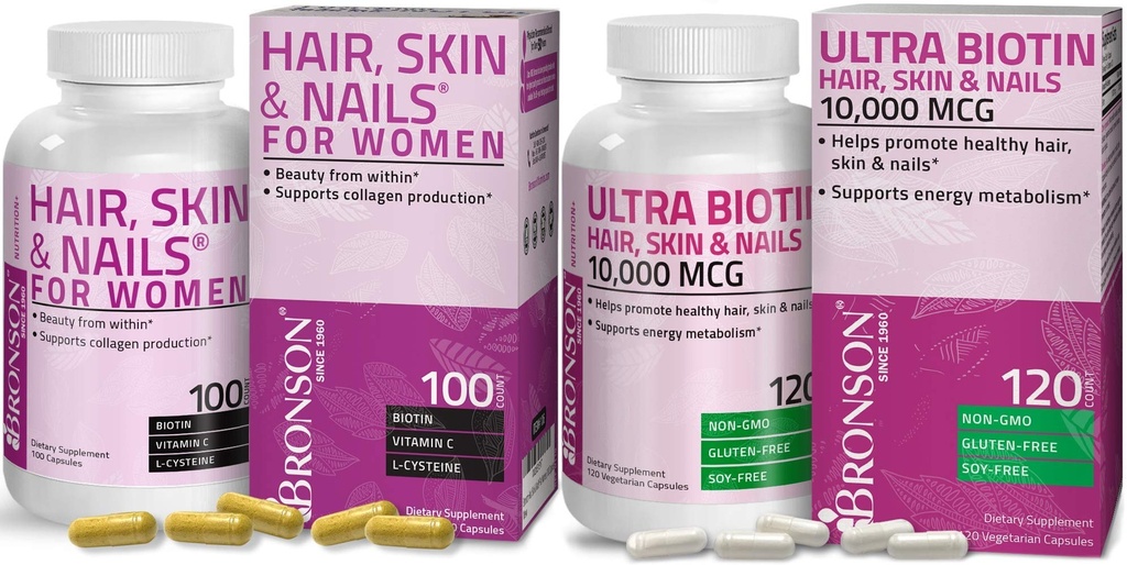 Bronson Hair, Skin & Nails 配有 Biotin 外加强度 女性维生素 + Ultra Biotin 10,000 Mcg
