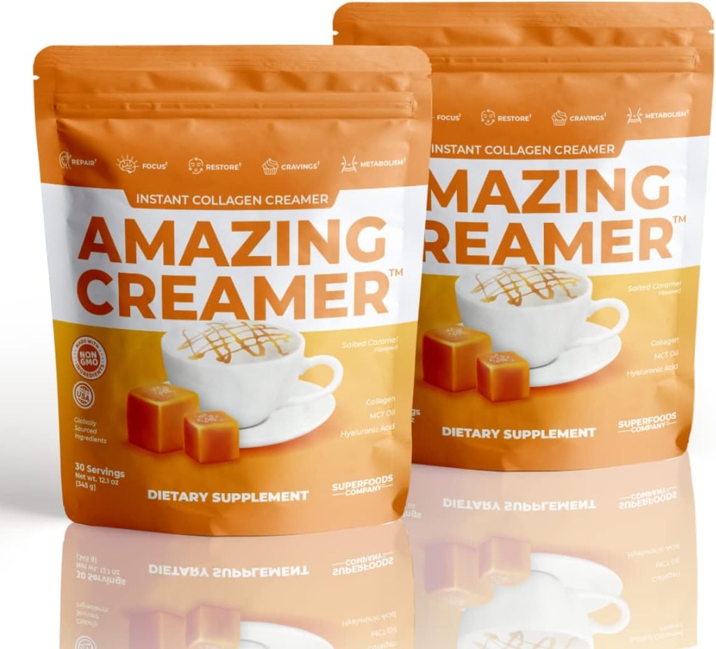 超级食品公司 奇异奶油加Collagen-Keto Creamer-Hyaluronic Acid & MCT Oil - Brain Boost & Curbs Cravings - 支持健康皮肤和头发 - 健怡 [60 services] [盐焦糖]