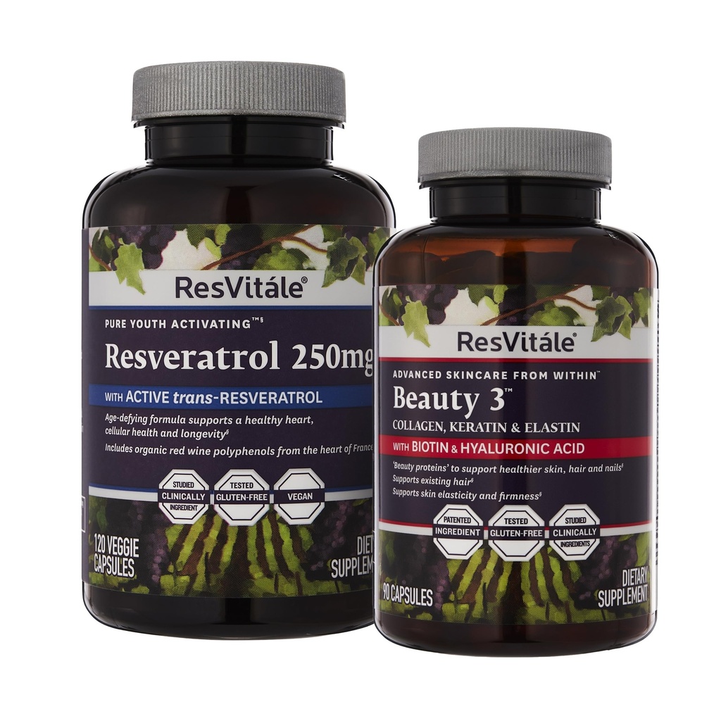 ResVitale Beauty 3 - 用Collagen, Keratin & Elastin进行皮肤护理补充 - 90 capsules & Resveratrol 250 mg - Resveratrol 男女补充 - 120 Veggie Capsules