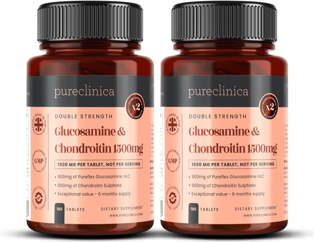 pureclinica 1500mg Glucosamine HLC和Chondroitin x 360平板(2瓶180) - 12个月供应。 最有效的生物活性:Chondroitin90%,Glucosamine HCL83.1%