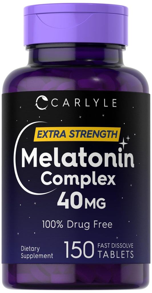 Carlyle Melatonin 40mg Complex 150 快速溶解板 + 150 外力支持 + 与 Ashwagandha 和 Chamomile + 蔬菜, Non-GMO, Gluten 免费补充