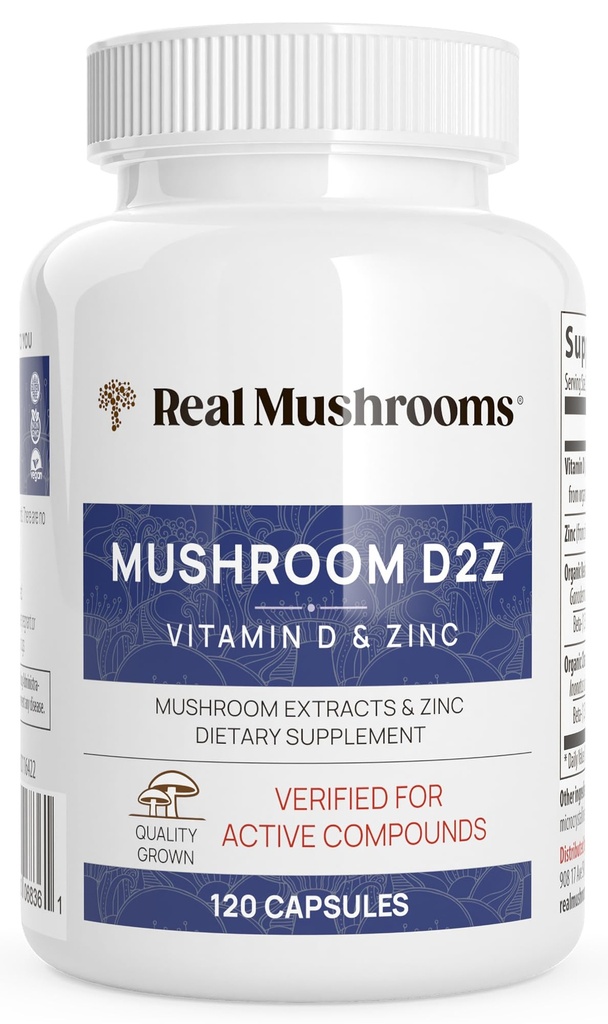 真正的蘑菇 锌和维生素D2 Capsules – 配有有机查加和里西蘑菇提取 – 维生素 用于总体健康支持 – Vegan, Non-GMO, Gluten-Free – 120 Counter 蘑菇补充品