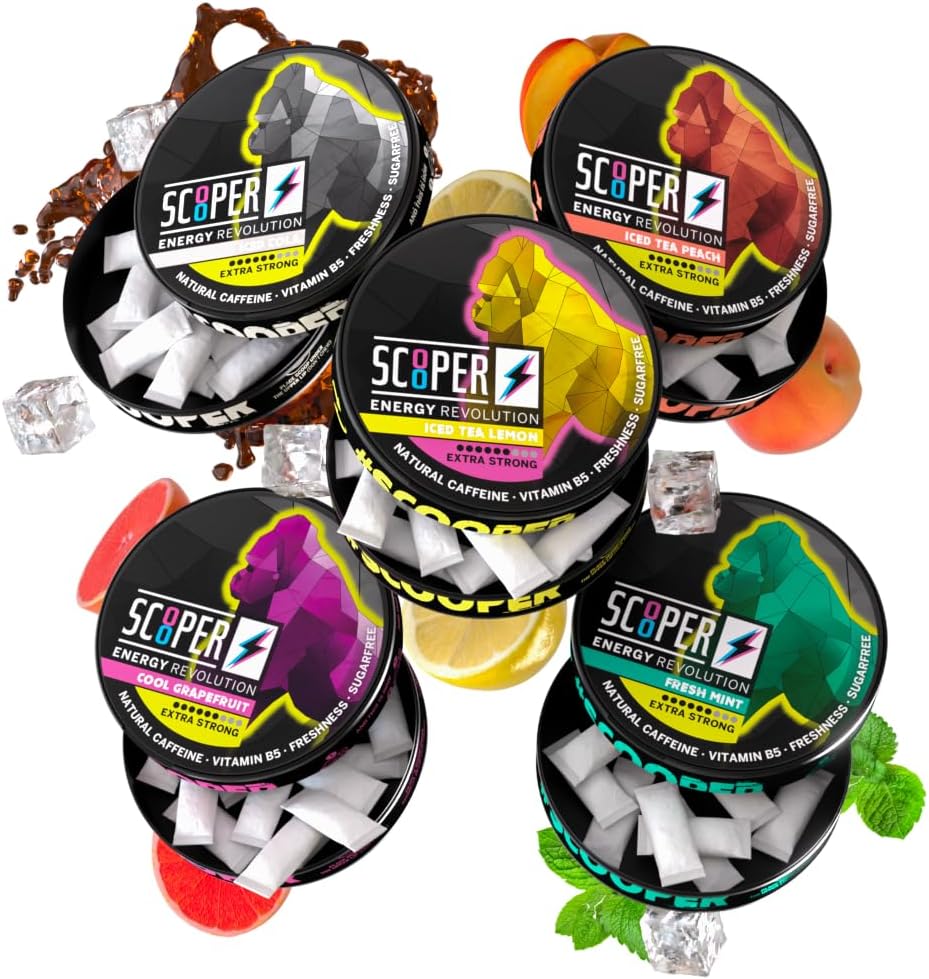 Scooper Energy I 5 Cans I All-in-One-Box I Energy Pouches Sugare I 80 mg天然咖啡因 All Flavour Pack I 12 Pouches I 凉葡萄果,新鲜薄荷,冰冻可乐,冰冻桃和柠檬茶