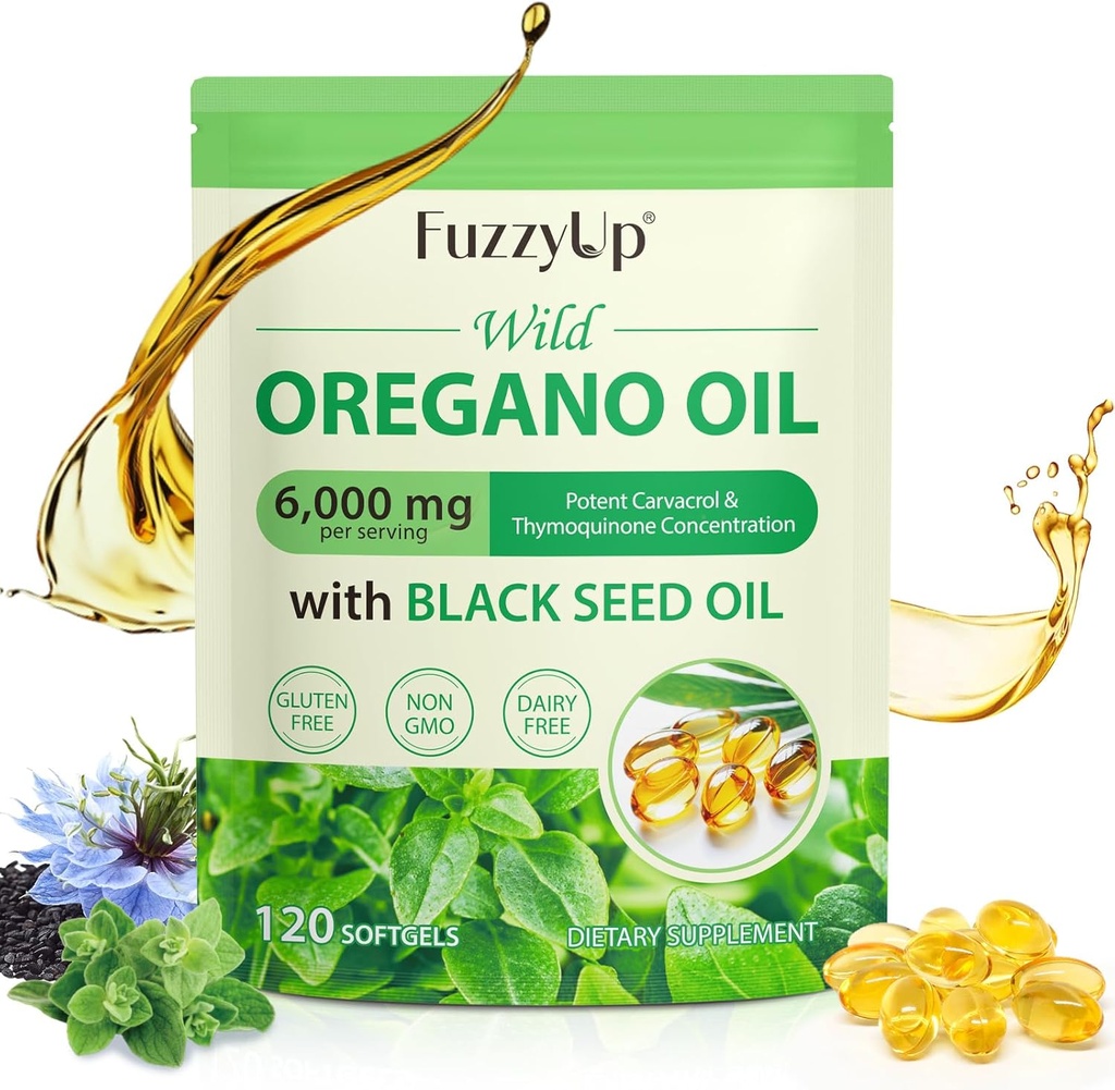 Oregano Oil Capsules, 2 in 1 6000mg Oregano Oil with Black Seed Oil 200mg, Oregano Softgels 120 Counters, Oregano Oregano Oil Capsules, Immune支持,非GMO,无乳品,无胶