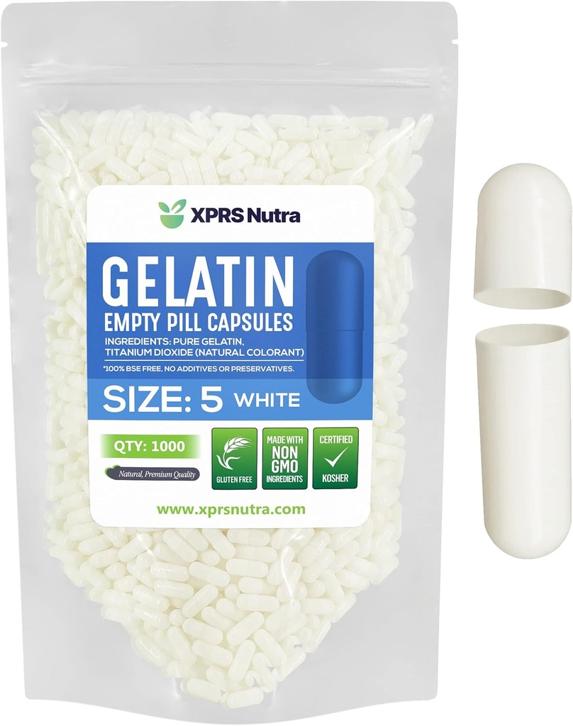 XPRS Nutra 大小 5 空卡普尔 - 1000 个非常小的空格莱汀卡普尔 - 药丸 DIY Capsule 填充 - Do- It- Yourself Vitamin 补充剂的可填充药丸 Gel Caps(白色)