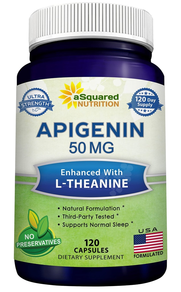 aSquared Information Apigenin 50mg & L-Theanine 200mg - 120 Capsules - Apigenin Suppose Pills for Sleep and Relaxation - 天然生物氟化酮提取物在查莫米利茶中发现