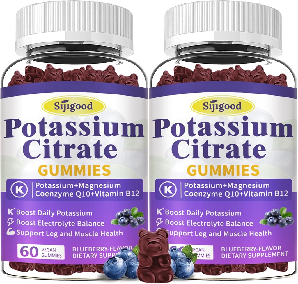 2 Pack Potassium Citrate Gummys, 肌肉健康钾补充剂, 腿板减压和电解平衡, Vegan, Non-GMO, Gluten - Free, Bluberry Flavor, 120 Counter