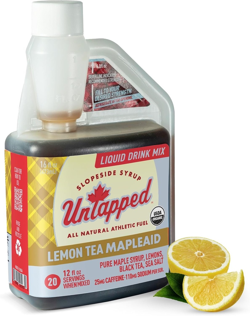 柠檬茶枫 - 20 服16 fl oz 散装瓶有机枫糖浆,柠檬汁和黑茶奔跑燃料 电解液和咖啡因 天然动力由纯佛蒙特枫糖