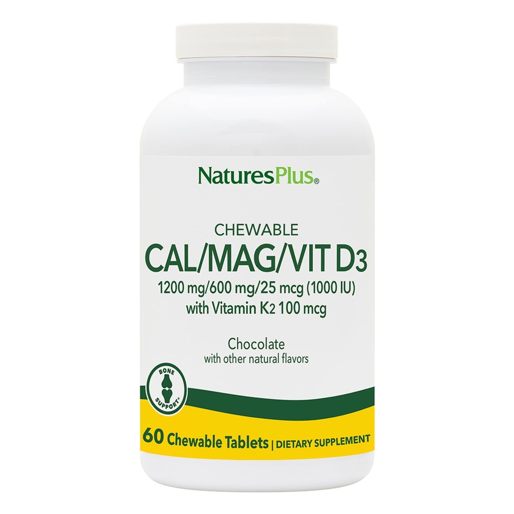 NaturesPlus Cal/Mag/VIT D3配有维生素K2-60可切片-巧克力火焰-钙,镁,维生素D3和K2骨健康支持补充剂-30种服务.
