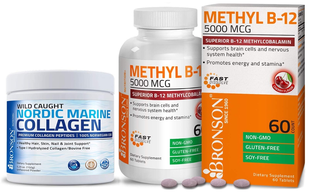 Bronson Marine Collagen Peptides 水解蛋白粉 + 甲基 B12,5000 mcg 维生素 B12 甲基Cobalamin