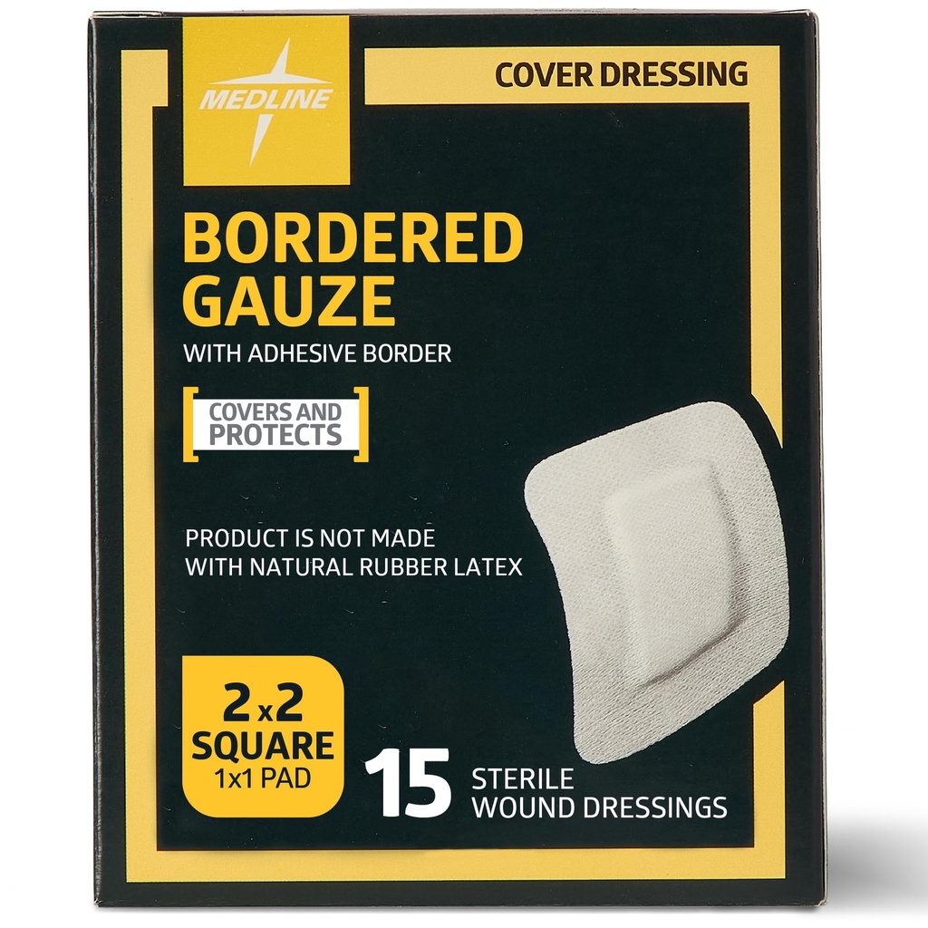 Medline Bordered Gauze, 2"×2" 粘着岛的伤痕穿戴,Sterile, 15 Counter