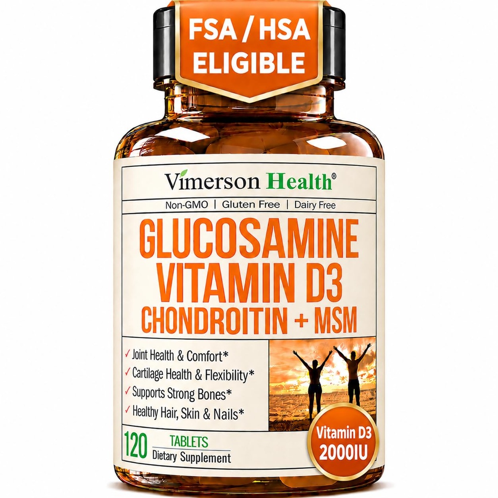 Vitamin D3 2000IU & Glucosamine Chondroitin – Daily Joint Support Supplement for Hair Skin Nails, Bone Health & Comfort with Boswellia Extract, Bromelain, Glucosamine Sulfate – FSA Eligible 120 Tabs