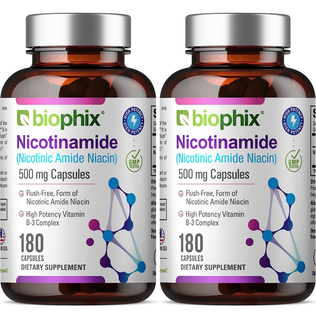 B-3 Nicotinamide 500 mg 180 Caps 2 Pack - Nicotinic 氨基氮化物 天然无氟维生素配方 - 支持皮肤细胞健康