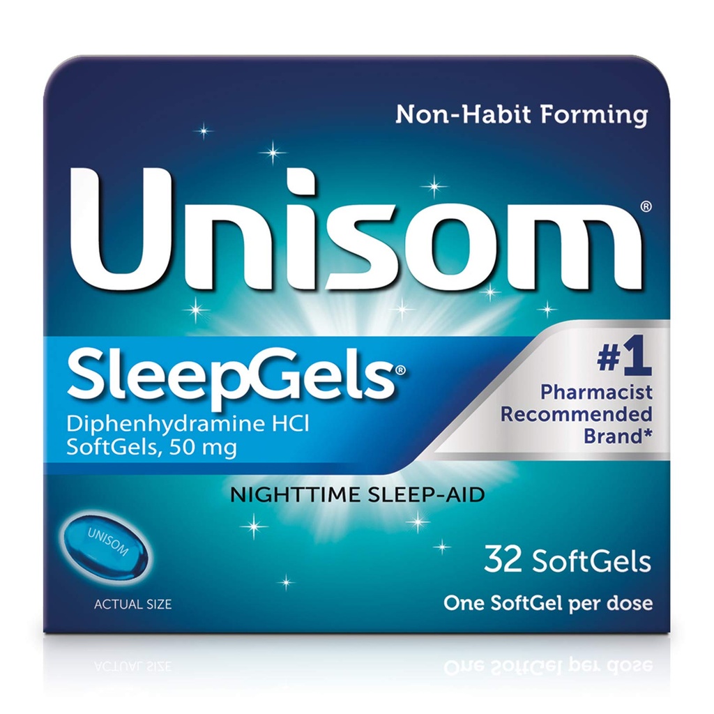Unisom SleepGels,夜间睡眠援助,二苯胺HCI 50毫克,32软Gels
