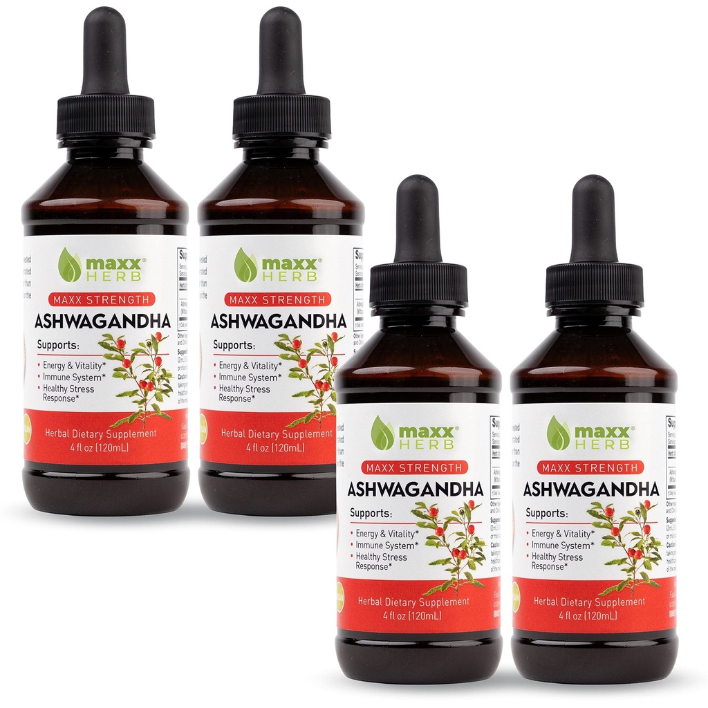 Maxx Herb Ashwagandha 提取器 – Max 强力液体丁醇比Capsules或粉末更好 – 用于Stamina,记忆和免疫支持 – 4瓶,4 Oz Each (240 services)