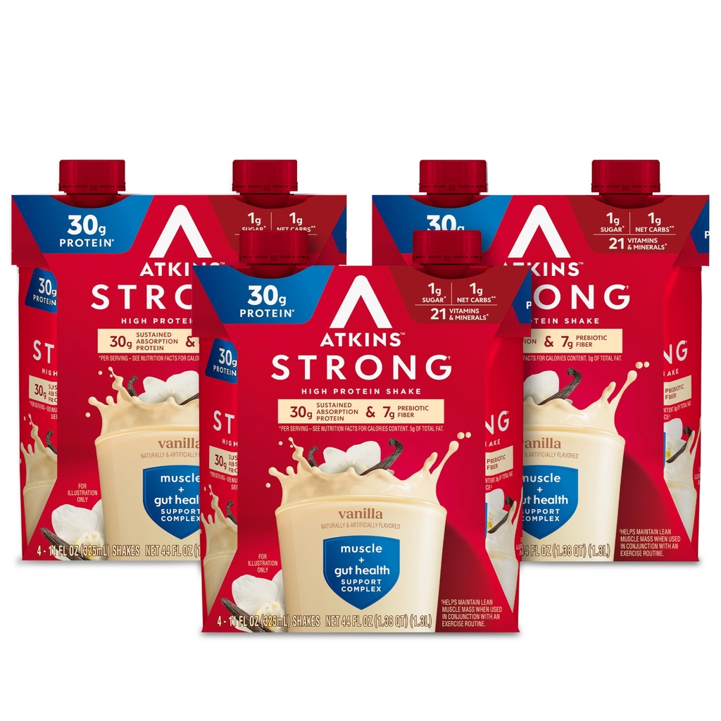 Atkins Strong HighProtein Shake, Vanilla Flavored, 30g 蛋白质, 低卡布和低糖摇摆, Keto Friendly, Gluten Free, Muscle and Gut 健康支持综合体, 12 Counter