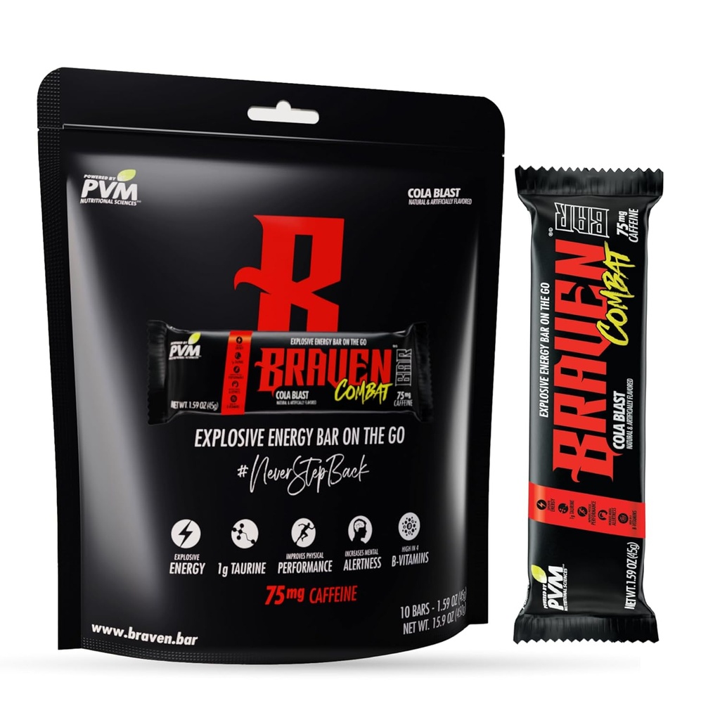 Braven Combat Cola blast Energy Bars with Cafeine (1.59 oz, pack of 10) – On-The-Go Energy Bars with 75mg Cafeine – Gluten Free Energy Snacks – 替代能源与咖啡因的烹饪
