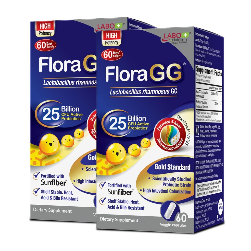LABO 营养植物GG、Lactocillus Rhamnosus GG 25亿 CFU 活性抗生素和Sunfiber 预生纤维补充剂、支持健康肠道、Immune健康延迟释放和Gluten Free 60sx2