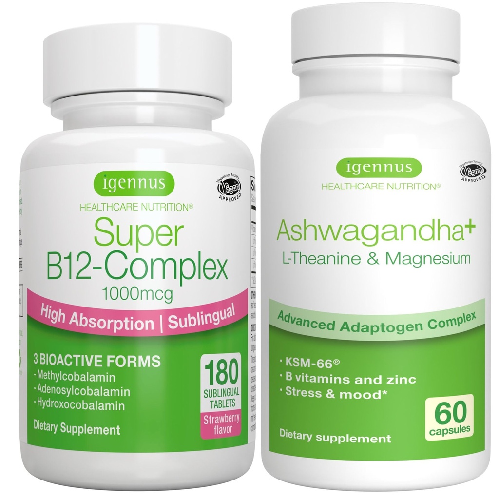 Super B12-Complex 1000mcg + 高级 Ashwagandha KSM-66, L- Theanine & Magnesium Bundle, 高吸附亚语维生素B12 + 多动作适配体复合体, by Igennus
